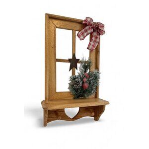 Wooden Wall-Mounted Rustic Window Shelf Décor With Star Bow & Christmas Greenery